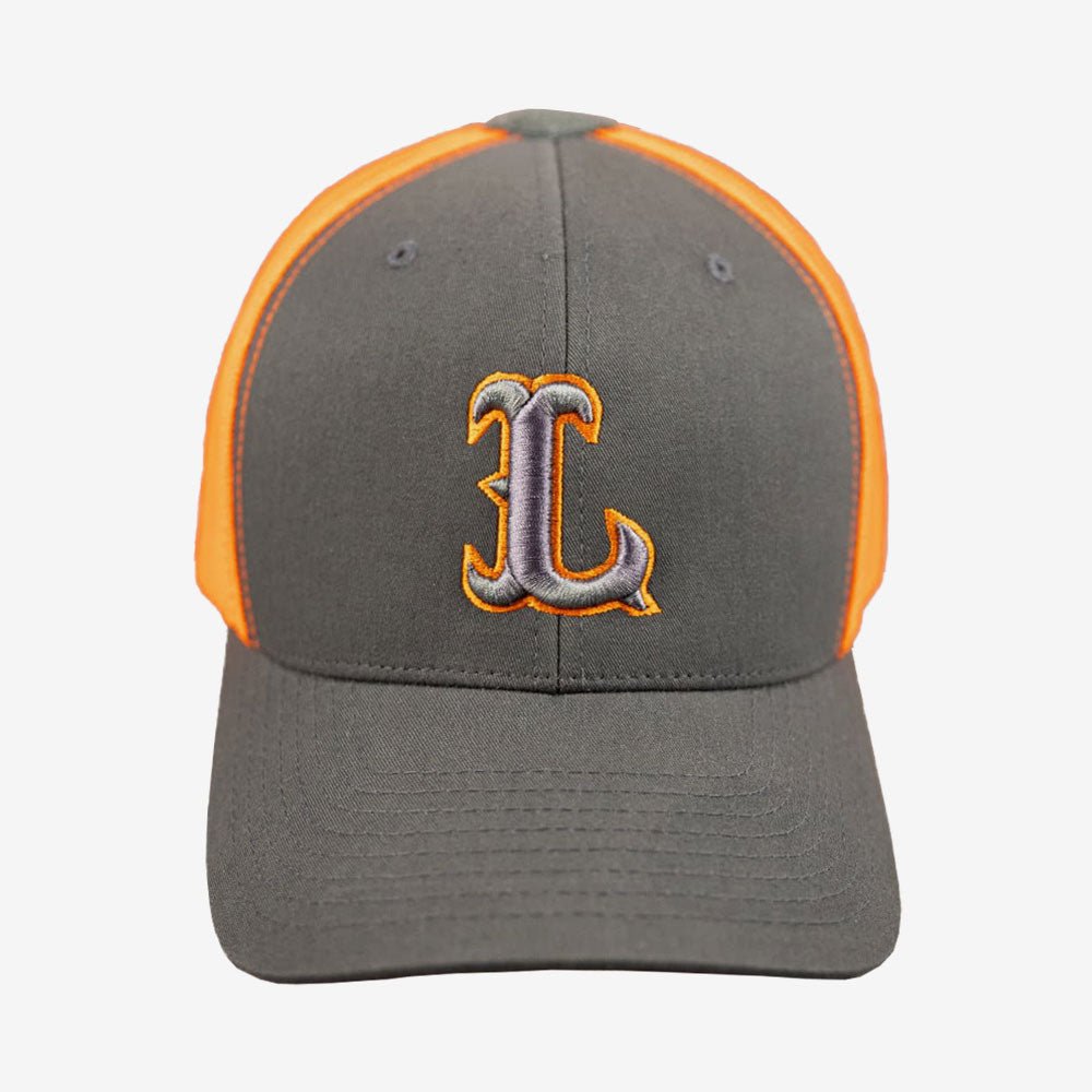 lms gear cap LMS Gear Flexfit Grey Orange R&H Trucker Cap