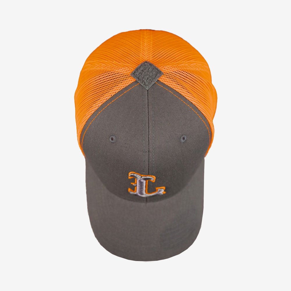lms gear cap LMS Gear Flexfit Grey Orange R&H Trucker Cap